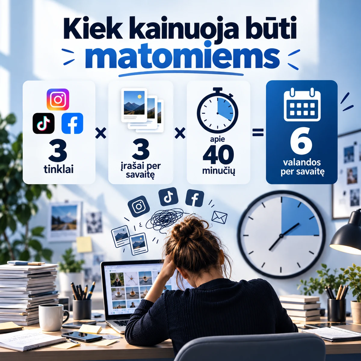3 tinklai × 3 įrašai × 40 minučių = 6 valandos per savaitę