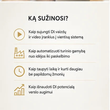 Seminaro temų santrauka: įrankių sujungimas, turinio gamybos automatizavimas, laiko taupymas, DI potencialas verslo augimui