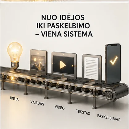 Konvejeris: idėja → vaizdas → video → tekstas → paskelbimas, viena sistema